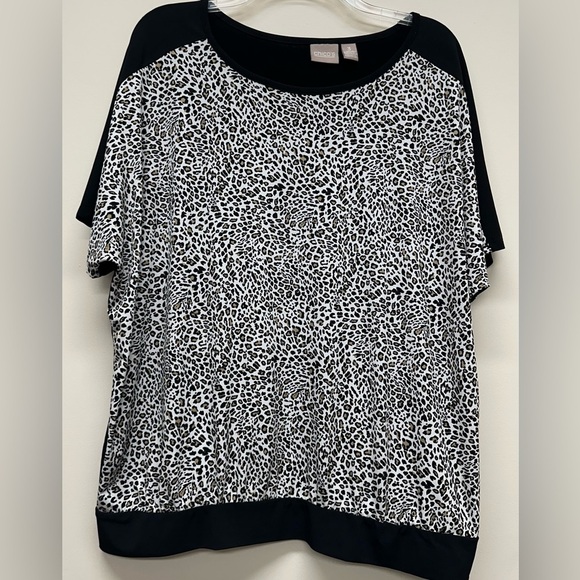 Chico's Black Women's Top SZ XL 3 animal print short sleeves banded waistband. - Picture 1 of 7